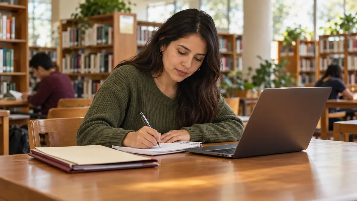 Estudiante adulta que organiza documentos y notas de preparación para una evaluación.
