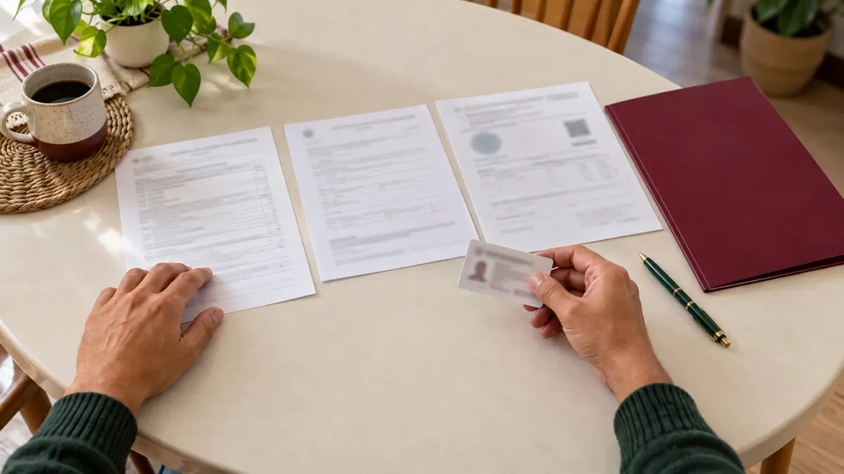 Manos que comparan tres documentos sobre una mesa junto a una carpeta guinda.