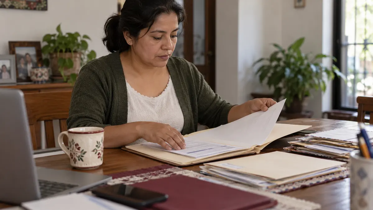Manos que ordenan documentos y sobres de un archivo familiar.