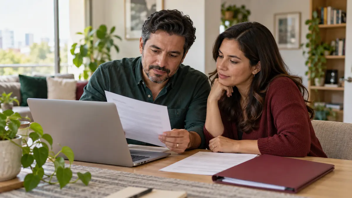 Pareja que revisa un documento junto a una computadora en su mesa de comedor.