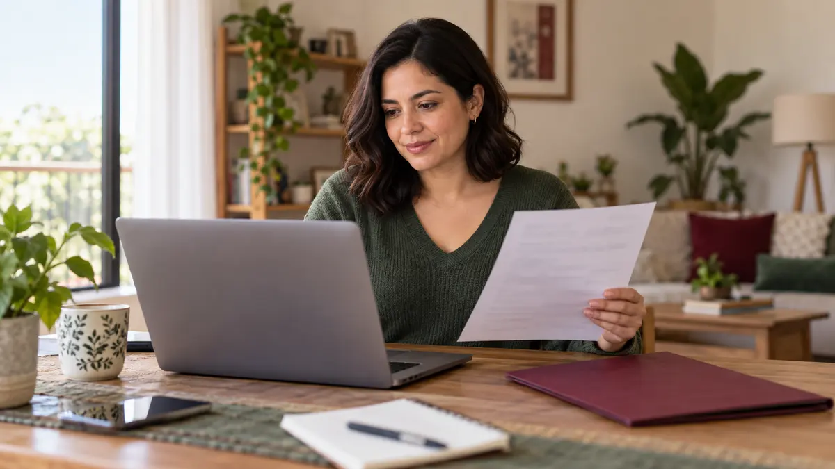 Mujer que revisa una copia impresa junto a su computadora en casa.
