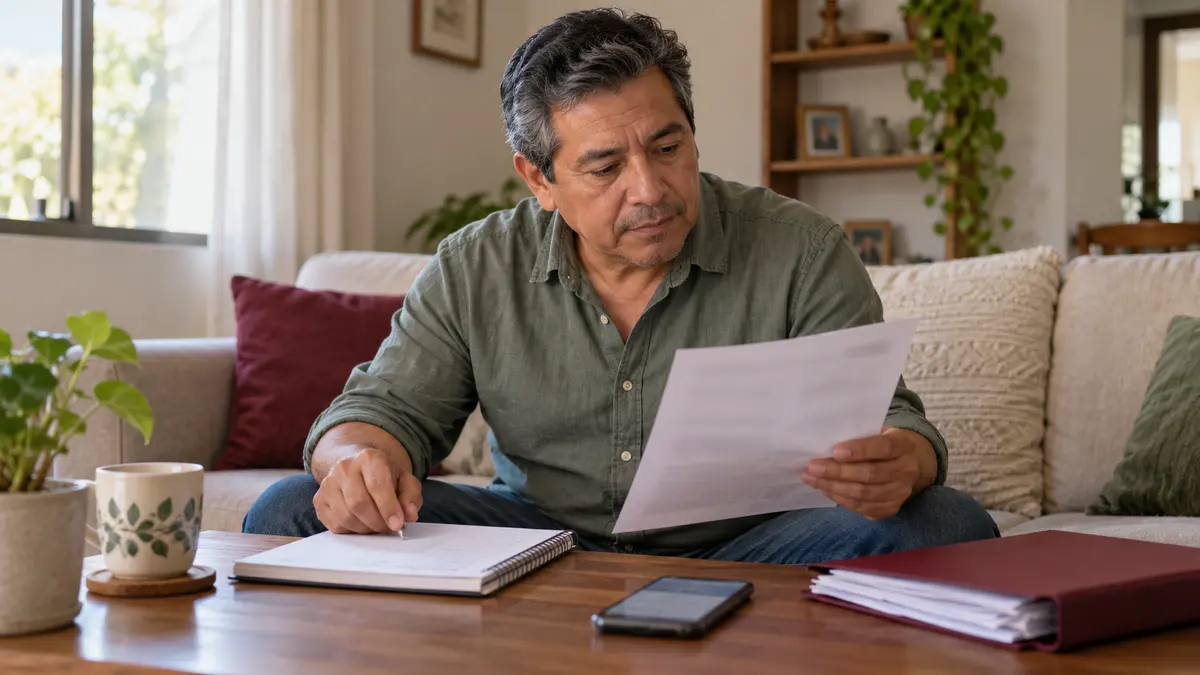Trabajador que compara documentos personales y notas para actualizar sus datos.