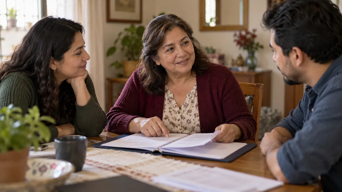 Persona conversa con su familia mientras organiza la actualización de beneficiarios de su AFORE.