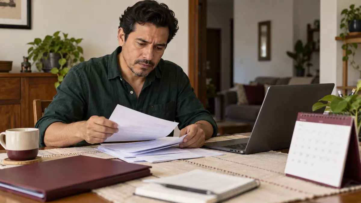 Trabajador que organiza su expediente y referencias bancarias antes de consultar un retiro por desempleo.