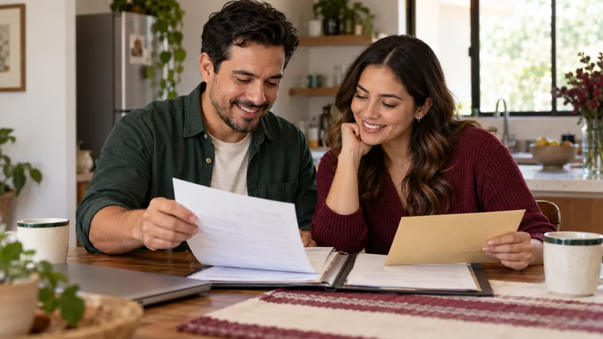 Pareja que organiza su acta y documentos para consultar una ayuda por matrimonio.