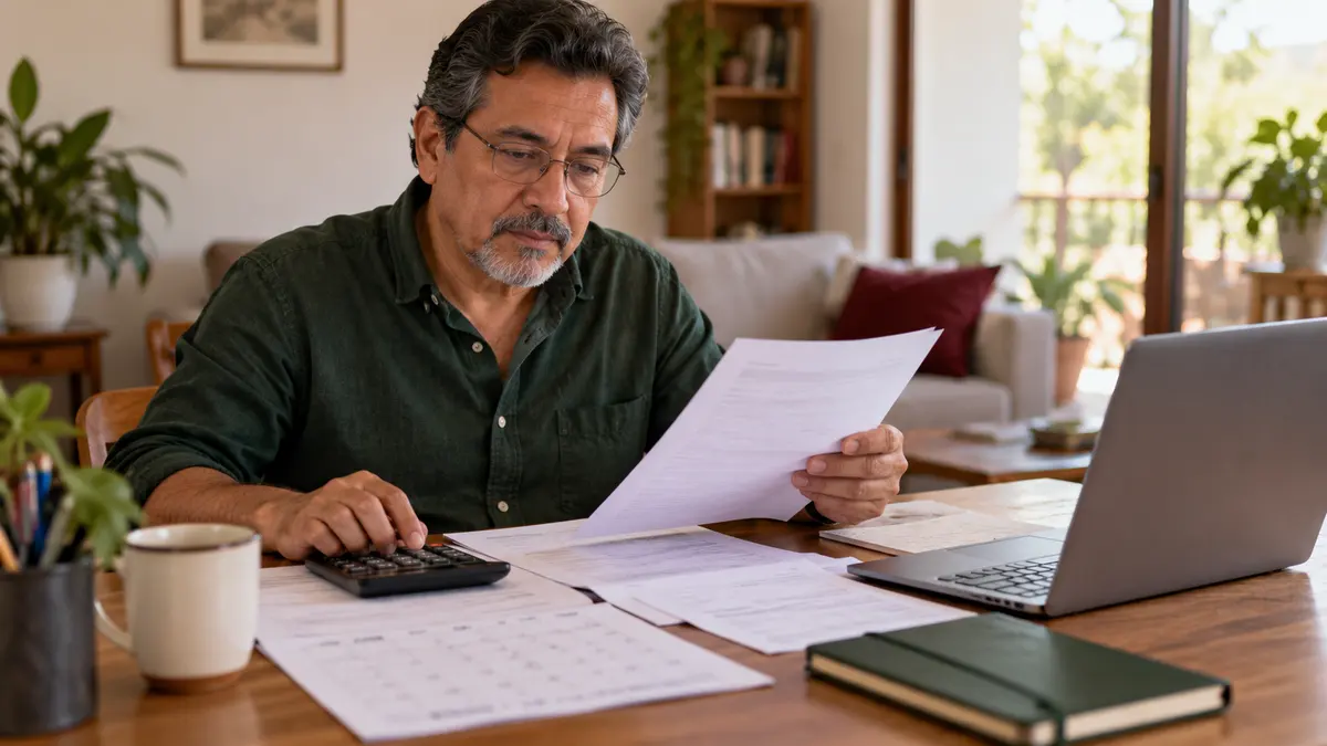 Hombre que compara hojas de su expediente con un calendario y una calculadora.