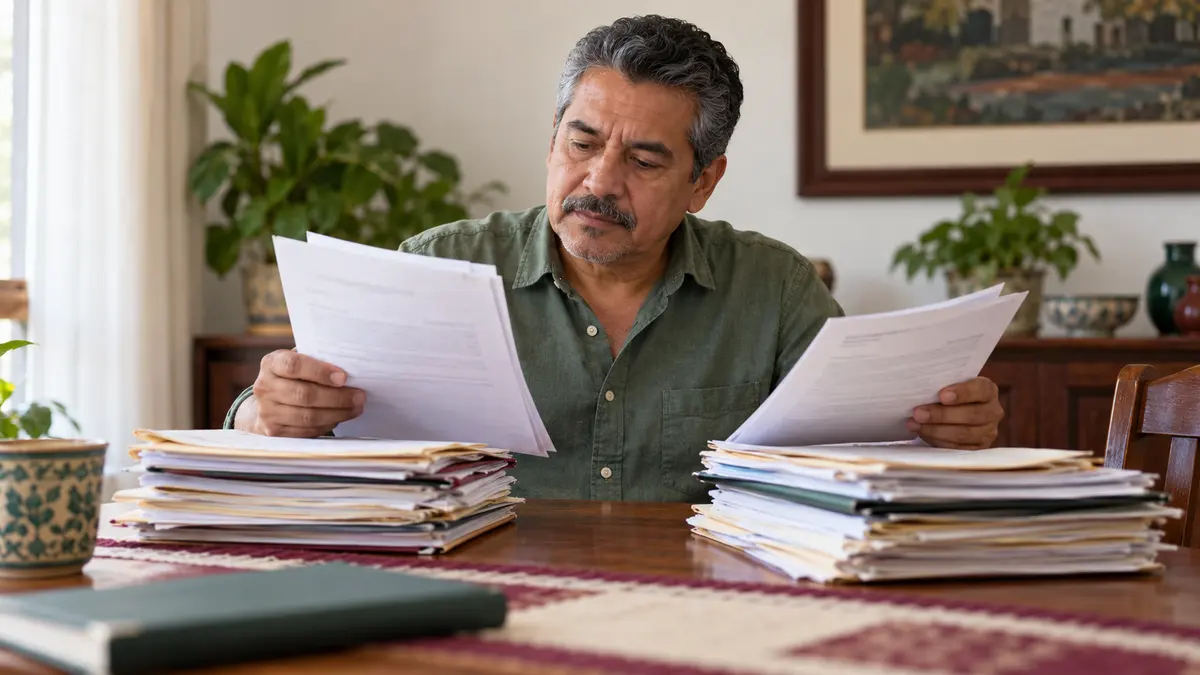 Trabajador que compara documentos de dos registros de su ahorro para el retiro.