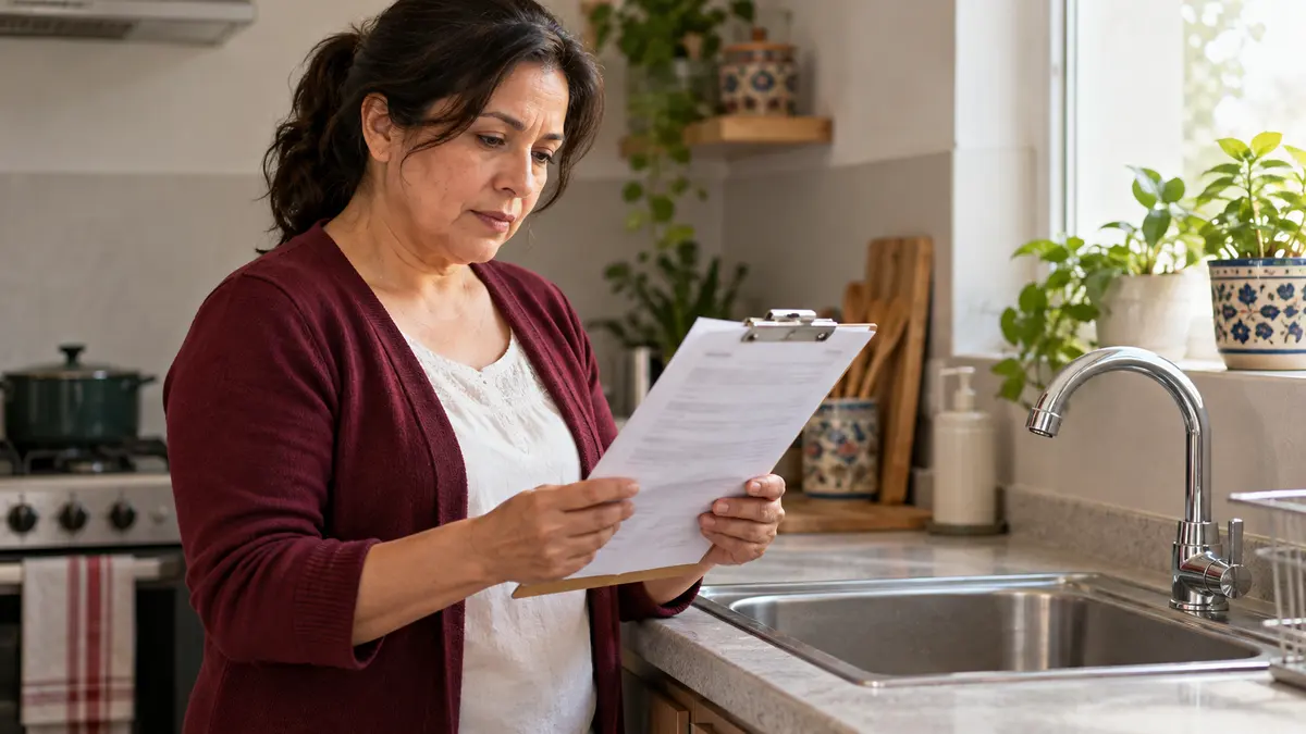 Mujer que revisa un recibo doméstico junto al fregadero de su cocina.