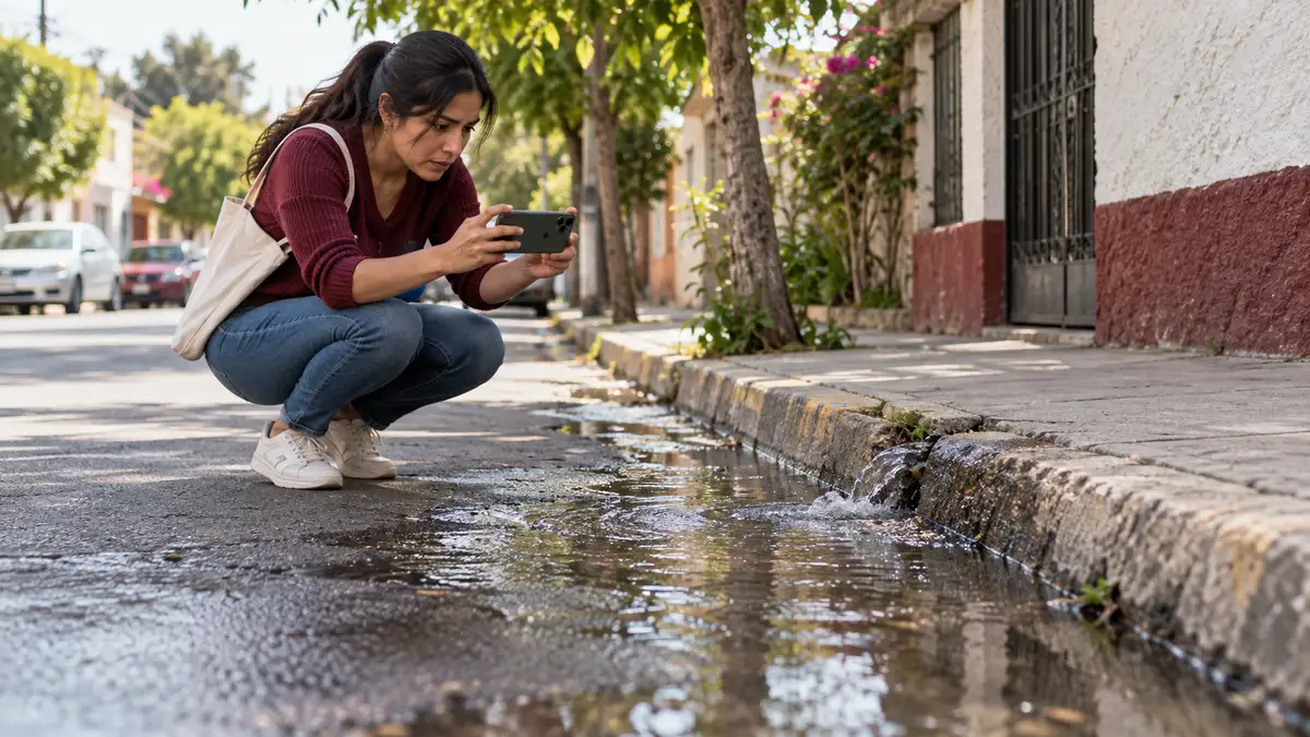 Vecina ubica una fuga de agua en la calle para preparar un reporte