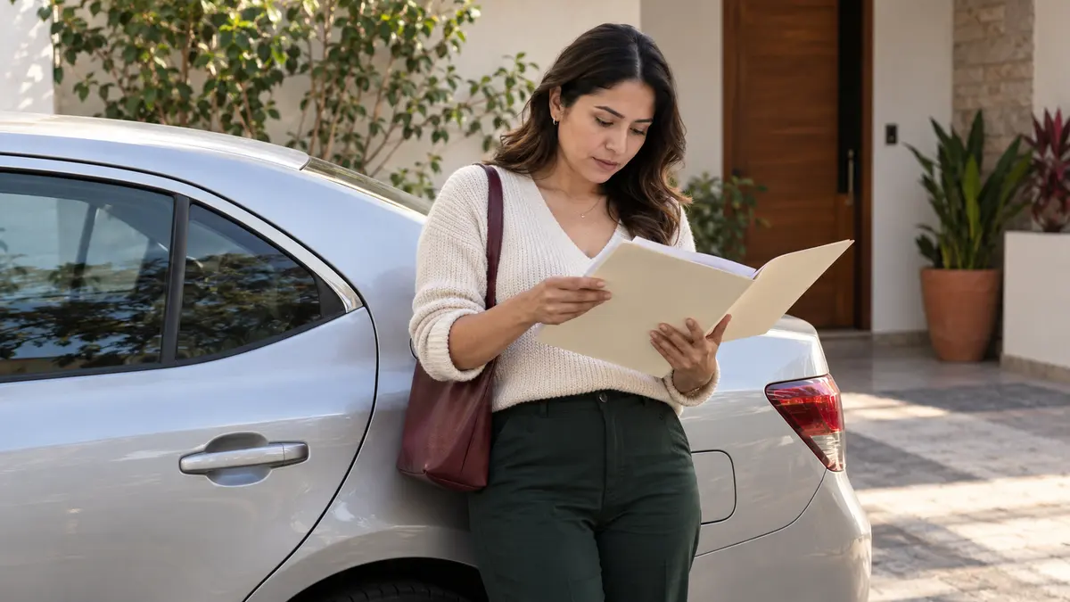 Persona junto a un automóvil nuevo que revisa una carpeta antes de su registro vehicular.
