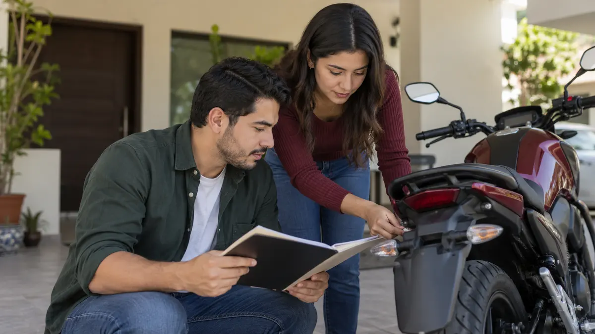 Pareja revisa los documentos de su motocicleta nueva antes de solicitar placas.