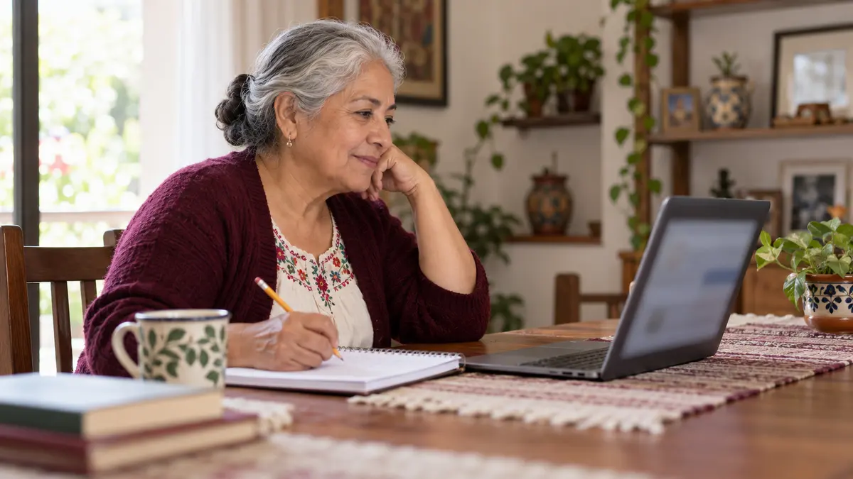 Mujer adulta que estudia con una computadora y un cuaderno en casa.