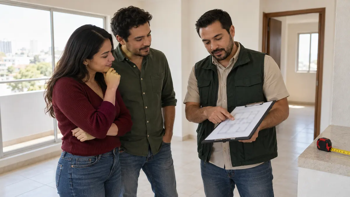 Pareja que revisa un plano con una persona encargada de evaluar una vivienda.