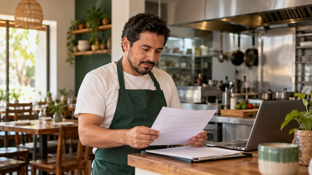 Persona encargada de un restaurante que revisa documentos en un mostrador limpio.