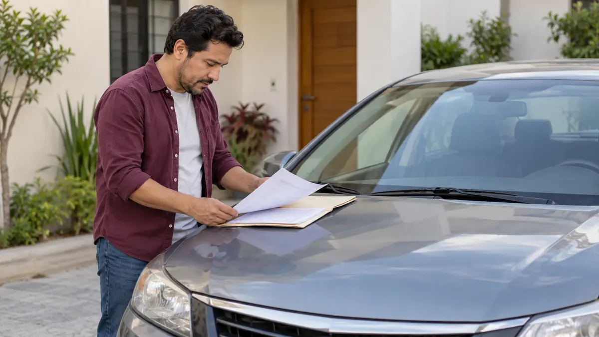 Hombre que revisa una carpeta de su automóvil estacionado.