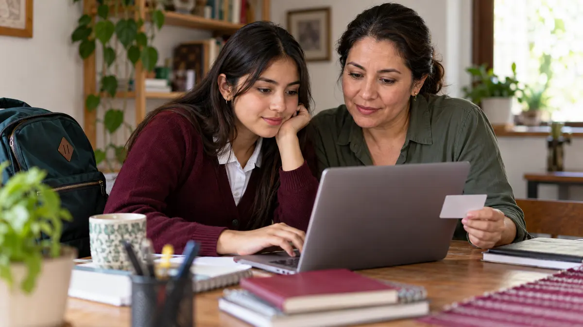 Estudiante de preparatoria y su madre que revisan información en una computadora.
