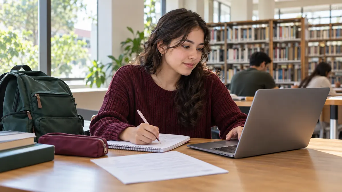 Estudiante universitario que consulta su computadora y sus documentos en una biblioteca.