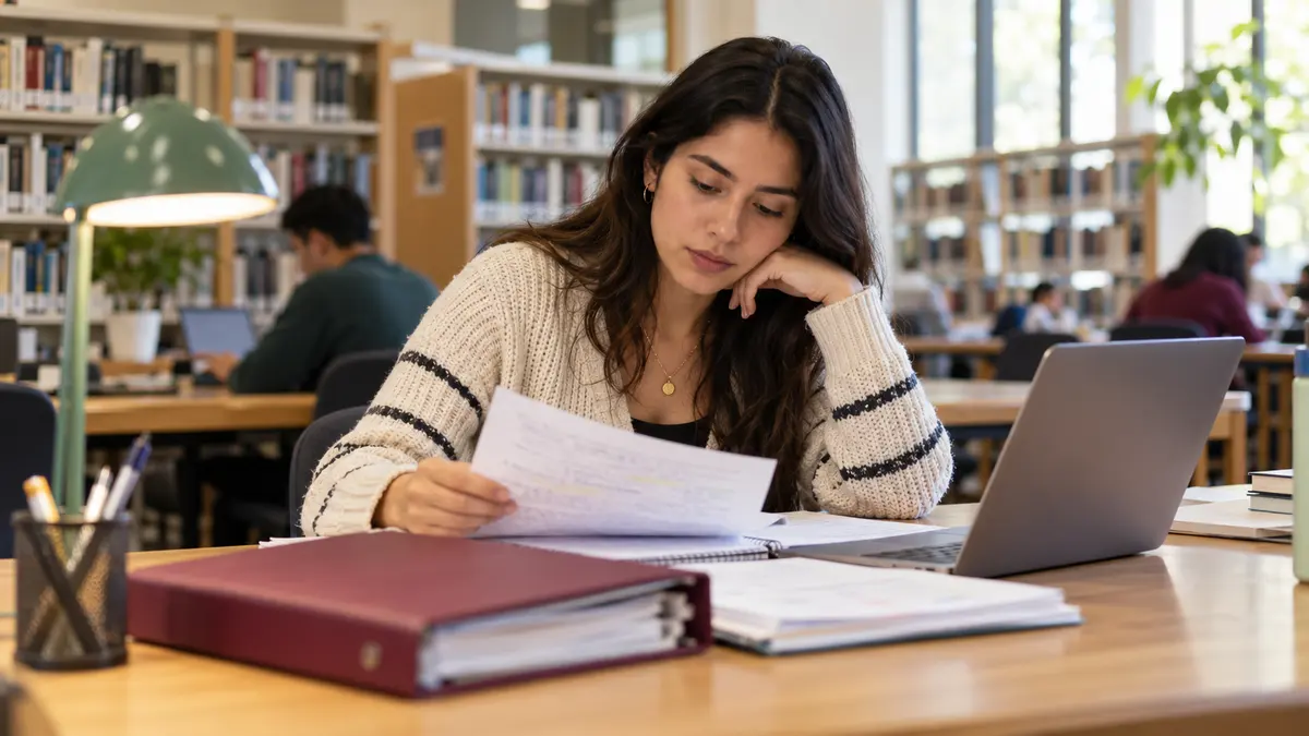 Estudiante de posgrado que organiza notas académicas junto a una computadora en una biblioteca.