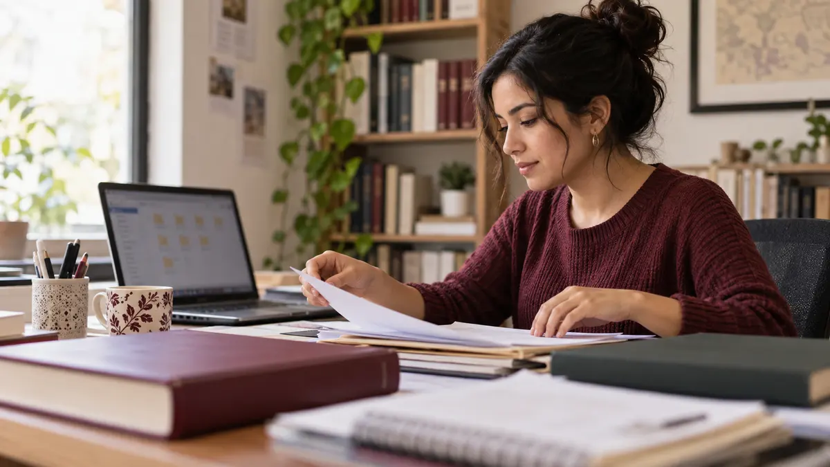 Egresada de posgrado prepara documentos académicos para concluir su beca SECIHTI.