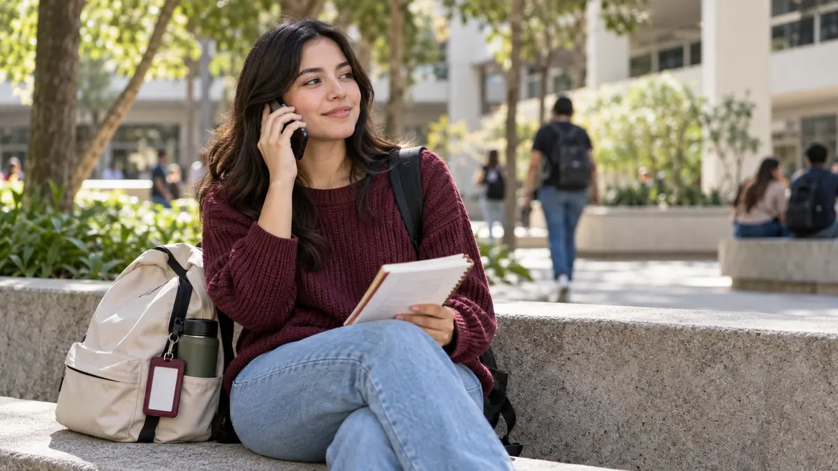 Estudiante que hace una llamada y toma notas en una libreta en un patio escolar.
