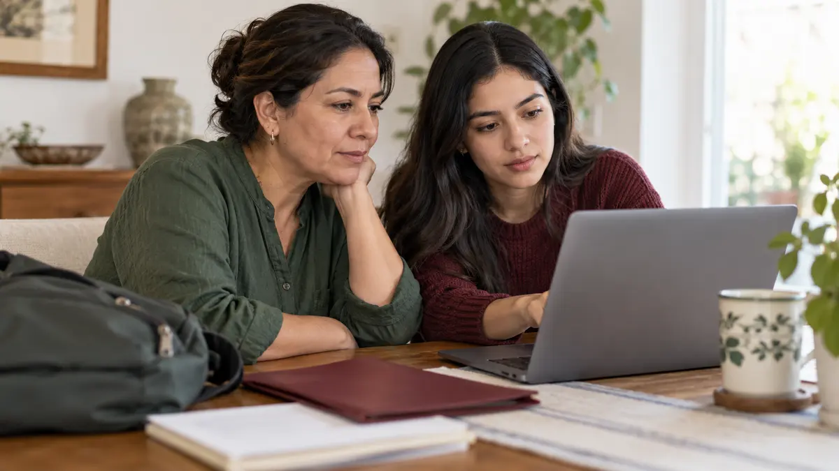 Estudiante y familiar que revisan información de una beca en una computadora.