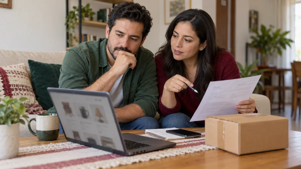 Pareja que revisa información de un proveedor antes de realizar una compra.