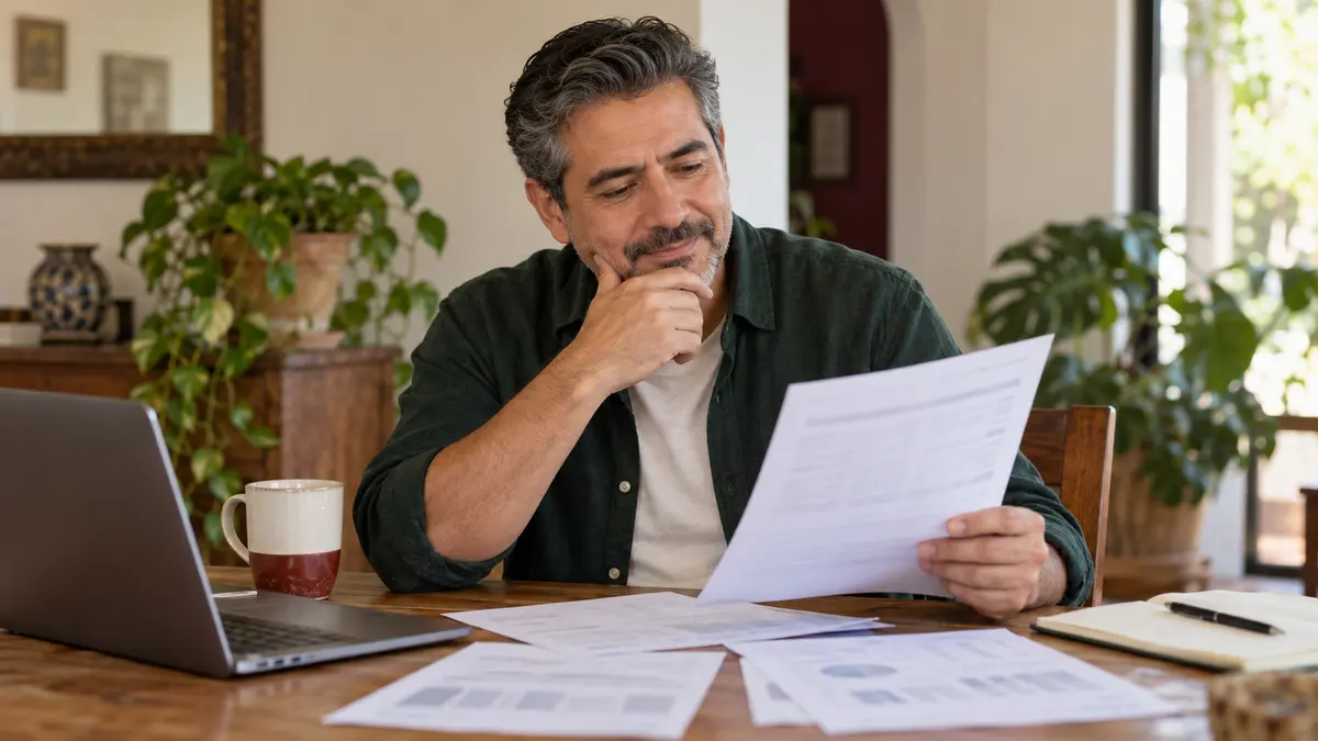 Persona que revisa documentos de sus créditos para preparar una consulta de historial.