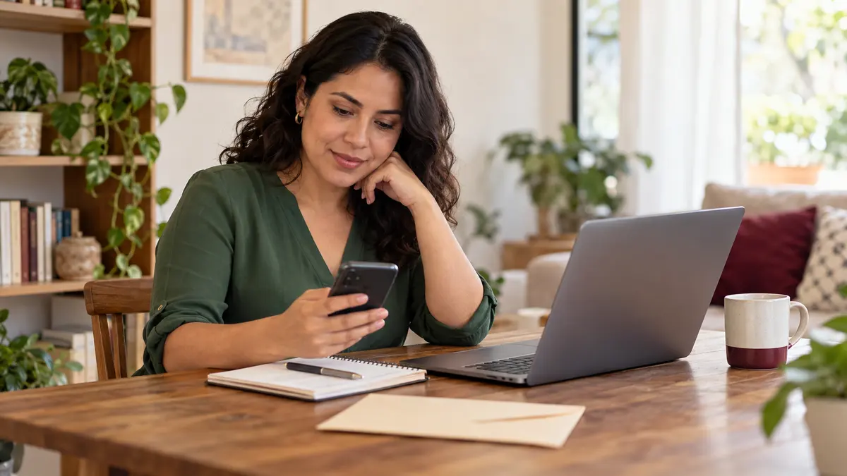 Mujer que consulta un mensaje en su teléfono junto a una computadora portátil.