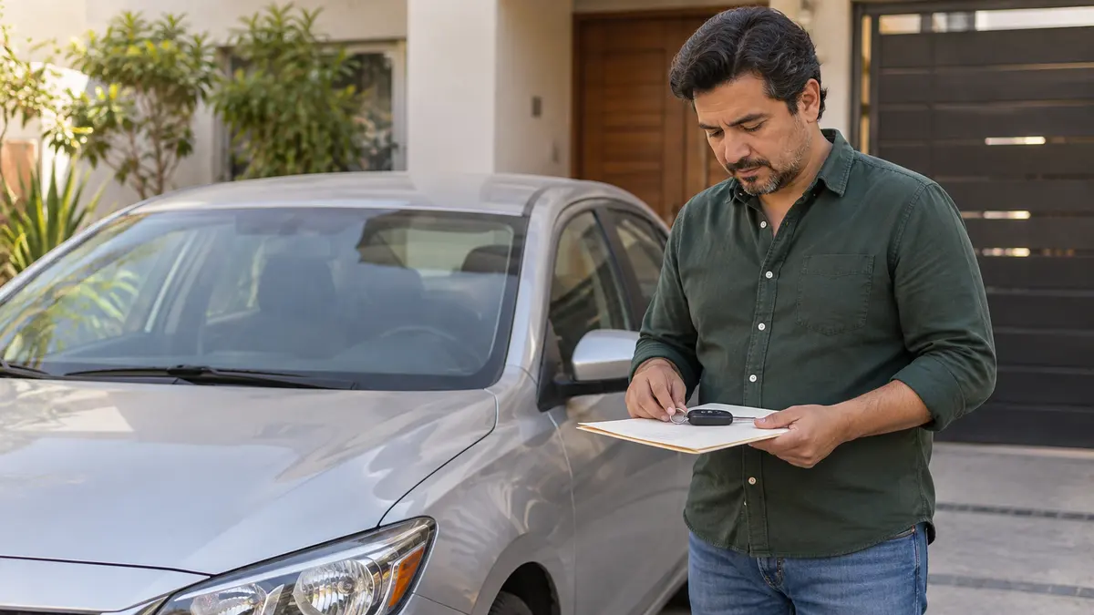 Hombre que revisa una carpeta con documentos junto a un automóvil.