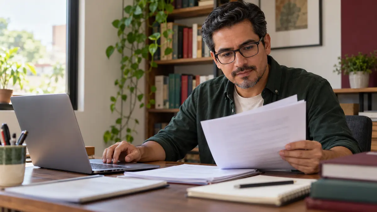 Persona profesionista que compara documentos académicos para localizar una diferencia de datos.