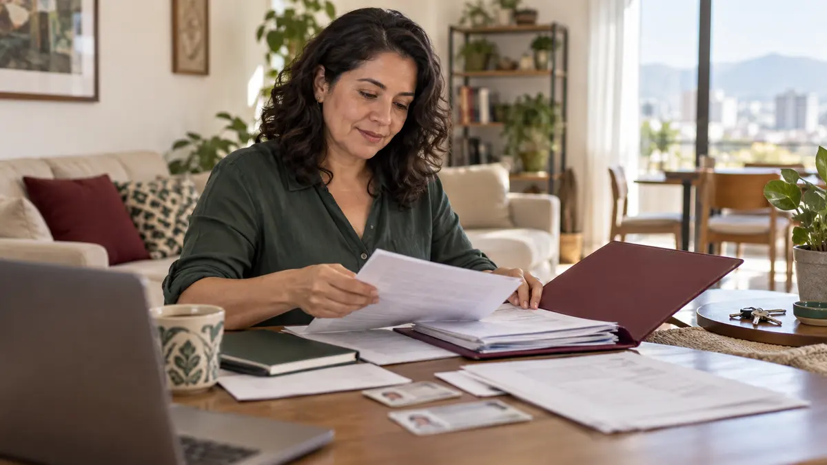 Persona que reúne documentos para una consulta registral de vivienda.