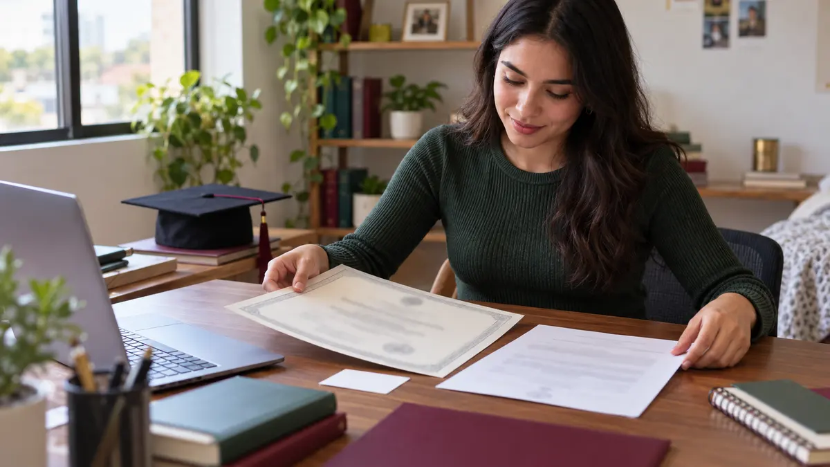 Persona egresada que organiza un diploma y otros documentos de sus estudios.