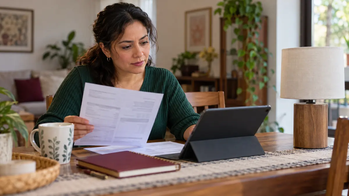 Mujer que compara un recibo de servicios con la información de su tableta.