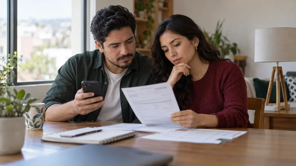 Pareja que revisa un recibo y un teléfono junto a una lámpara apagada.