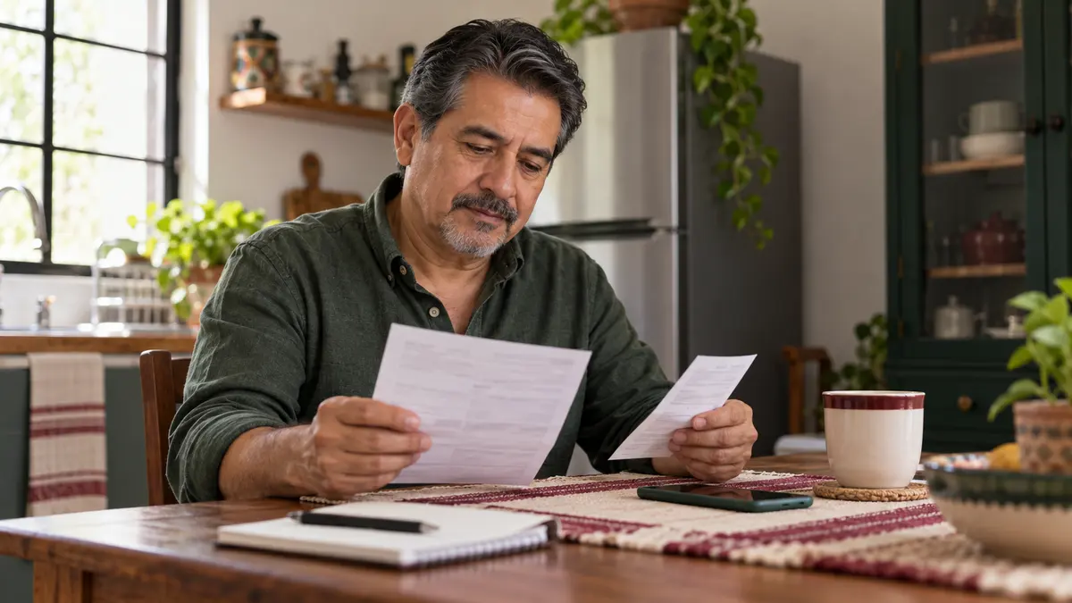 Persona que revisa su recibo y comprobante para consultar la reconexión de electricidad.