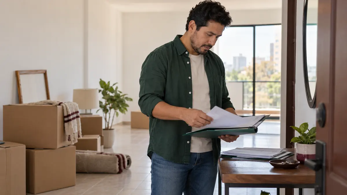 Hombre que revisa documentos del servicio eléctrico antes de dejar una vivienda.