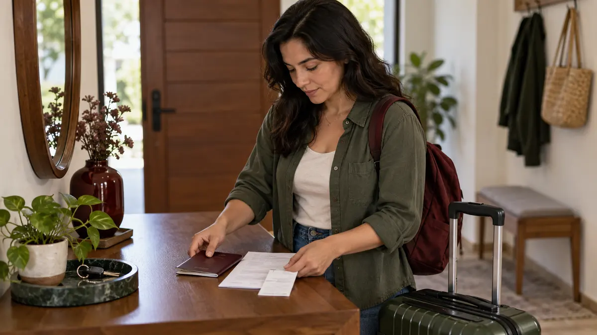 Persona que organiza una libreta de viaje, una cita impresa y un recibo junto a su maleta.