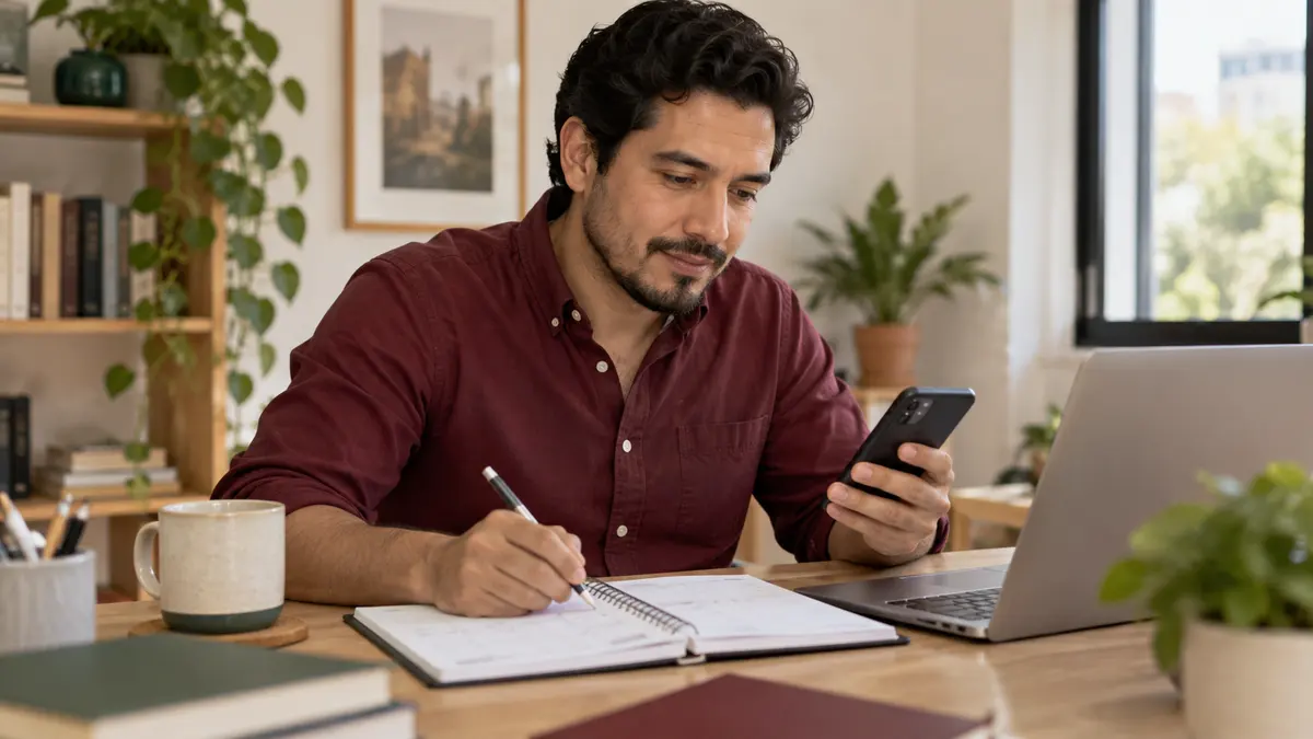 Hombre que consulta su teléfono y organiza una fecha en su agenda de papel.