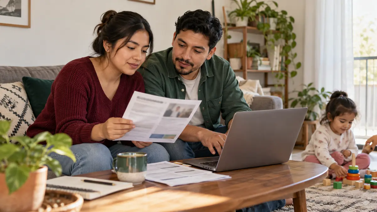 Familia que revisa información sobre vivienda en una computadora desde su sala.