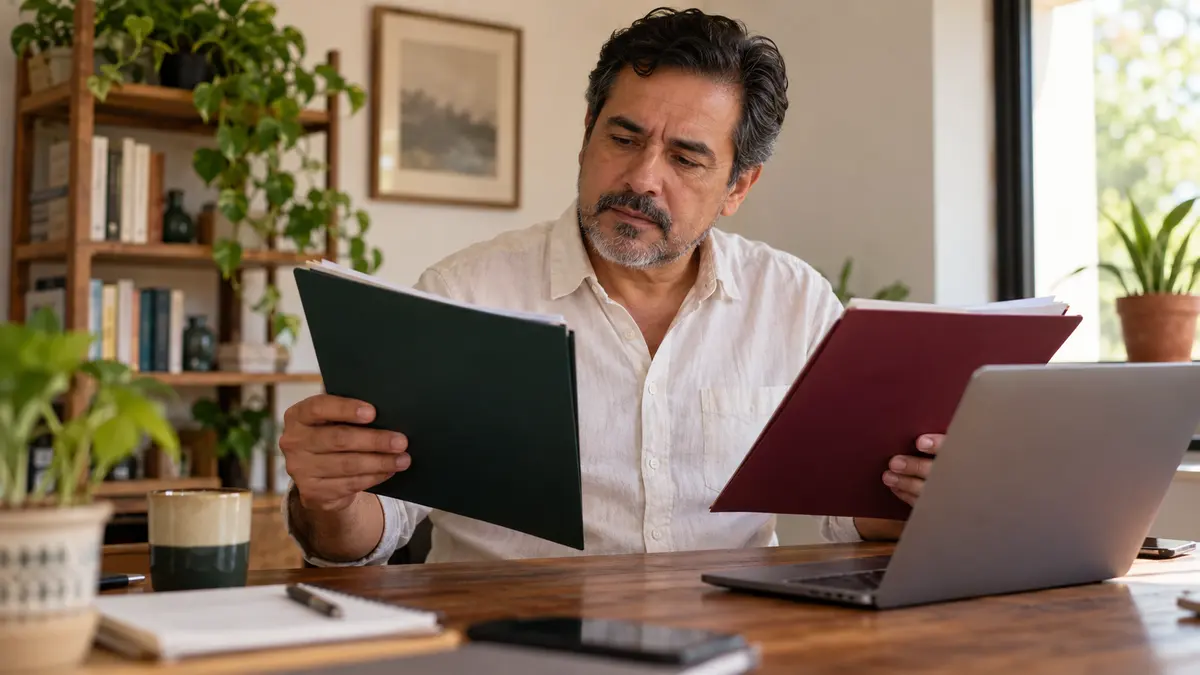 Persona que compara un contrato financiero con su modelo de referencia en una computadora.