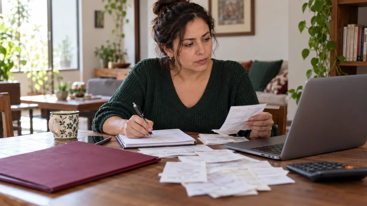 Mujer que ordena comprobantes y notas para preparar una queja sobre un servicio financiero.