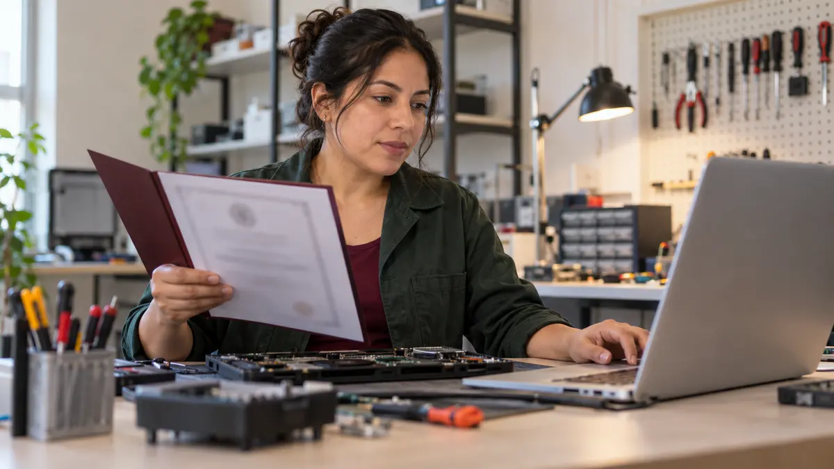 Técnica revisa un certificado de competencia laboral junto a su computadora en el taller.