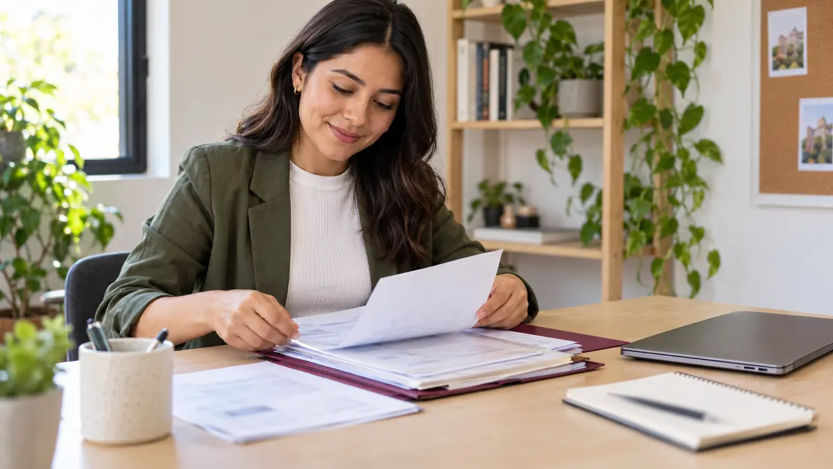 Joven que prepara una carpeta de documentos para una solicitud de empleo.