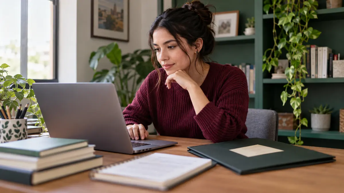 Mujer que consulta su computadora junto a una carpeta con documentos académicos.