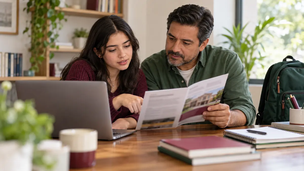 Joven y su padre que revisan un folleto de estudios junto a una computadora.
