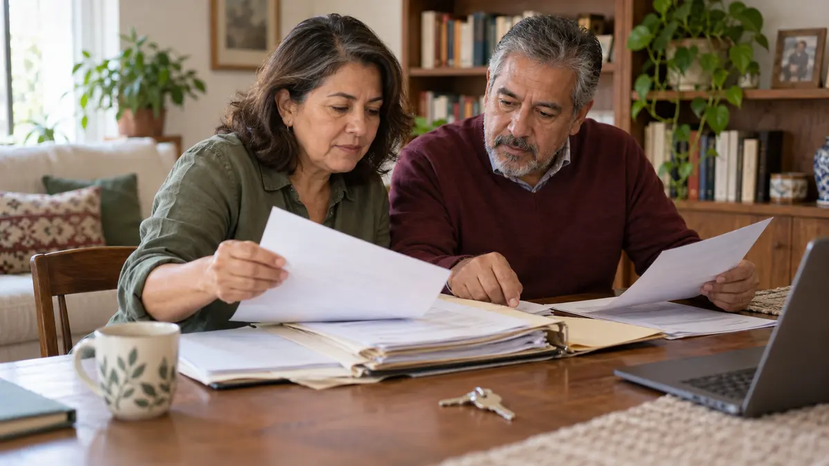 Pareja que revisa una carpeta antigua de su vivienda con unas llaves sobre la mesa.