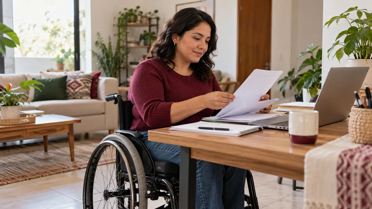 Mujer en silla de ruedas que organiza documentos en un escritorio accesible.