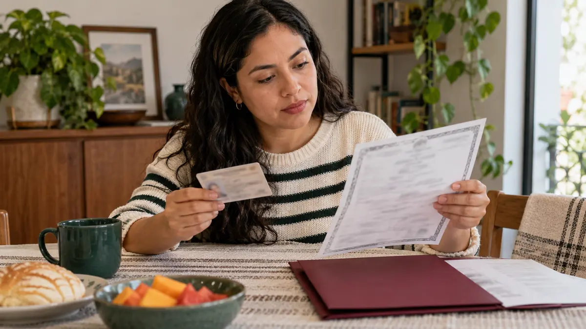 Mujer que compara su constancia de identidad con un documento de nacimiento.