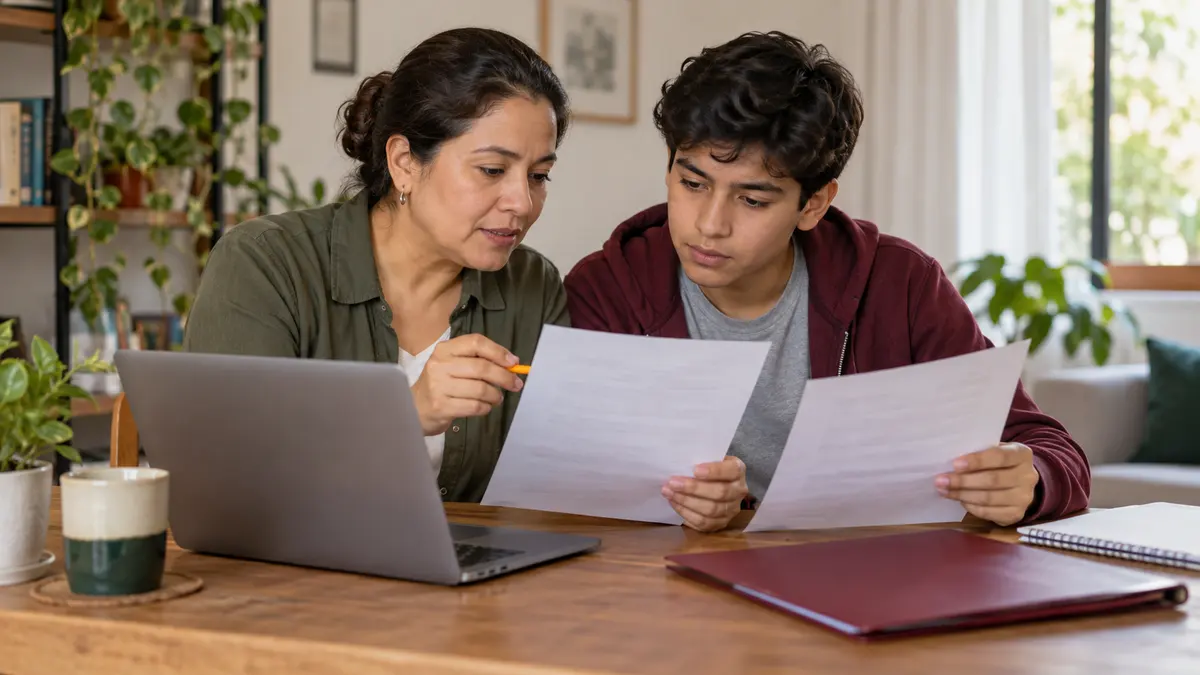 Madre y estudiante que comparan dos documentos de inscripción en casa.