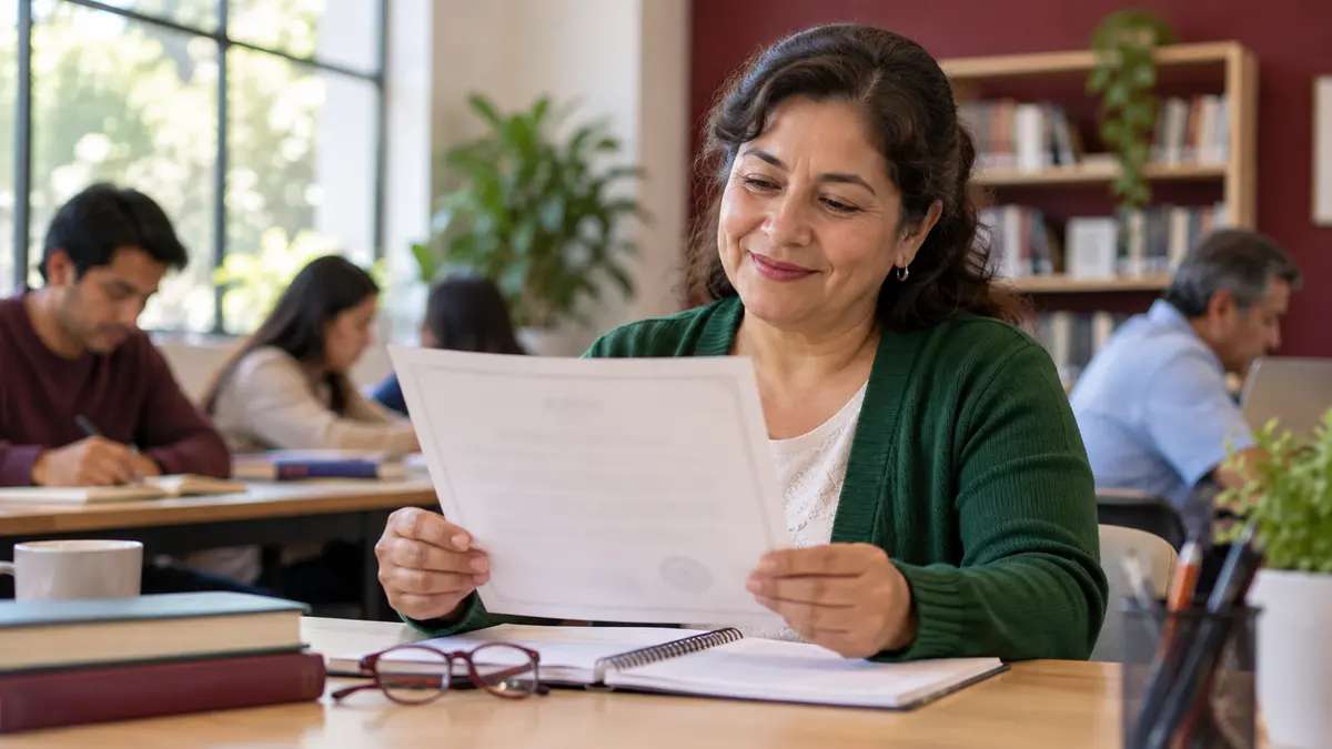 Persona adulta que revisa un documento de sus estudios en una mesa de lectura.